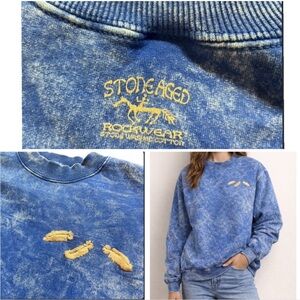 Vintage Rockwear Stoned Aged Crewneck Blue Acid Wash Gildan Ultra Cotton (W) M